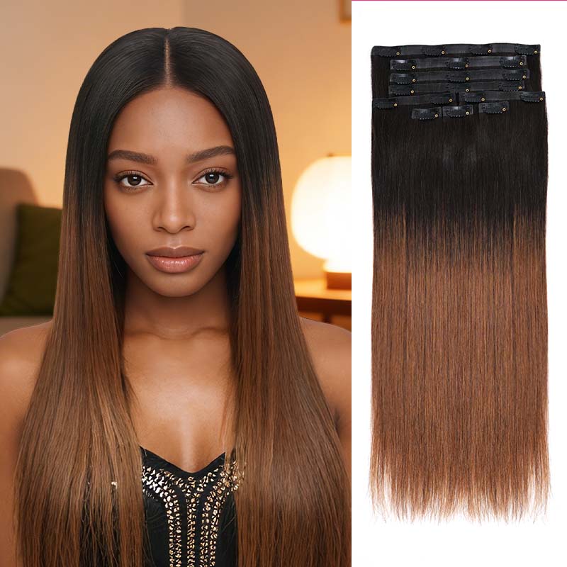 QVR #2/30 Mixed Subtle Ombre Brown PU Clip In Hair Extensions Straight Seamless Clip In Human Hair