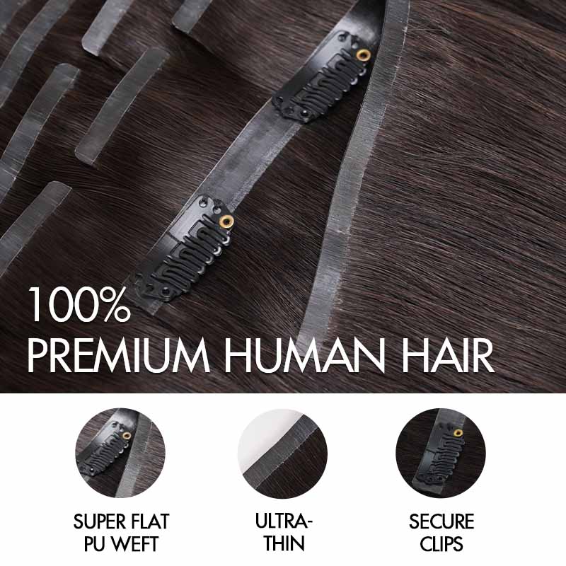 QVR #2/30 Mixed Subtle Ombre Brown PU Clip In Hair Extensions Straight Seamless Clip In Human Hair