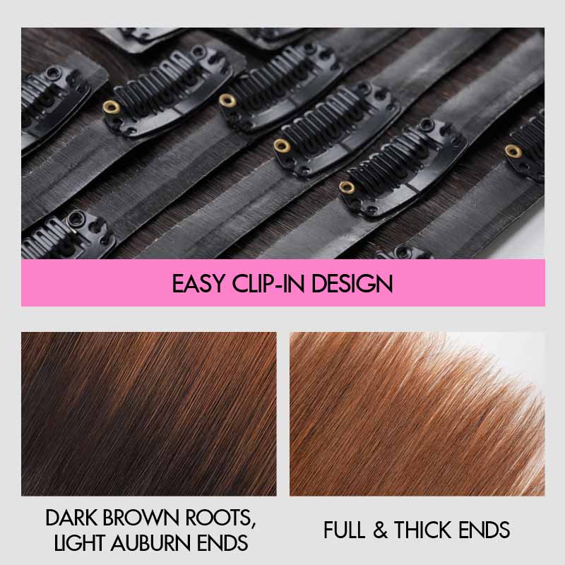 QVR #2/30 Mixed Subtle Ombre Brown PU Clip In Hair Extensions Straight Seamless Clip In Human Hair