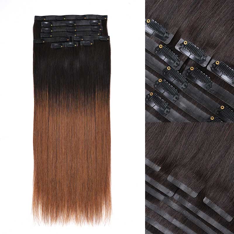 QVR #2/30 Mixed Subtle Ombre Brown PU Clip In Hair Extensions Straight Seamless Clip In Human Hair