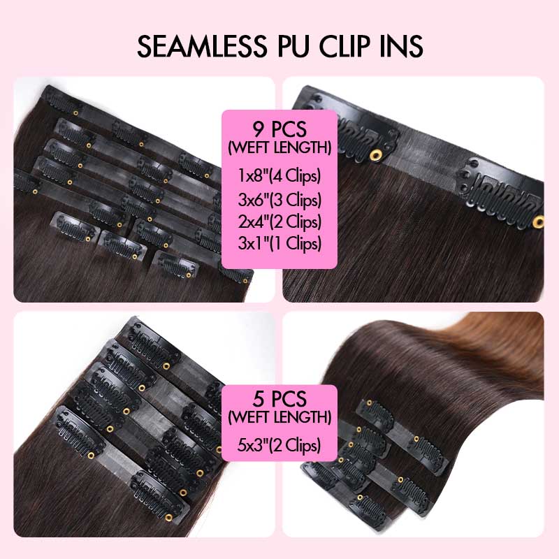 QVR #2/30 Mixed Subtle Ombre Water Wave PU Clip In Hair Extensions 9PCS 5PCS Volumizer Human Hair