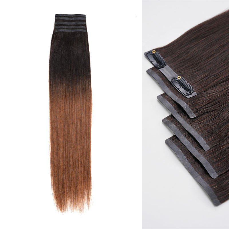 QVR #2/30 Mixed Subtle Ombre Brown PU Clip In Hair Extensions Straight Seamless Clip In Human Hair