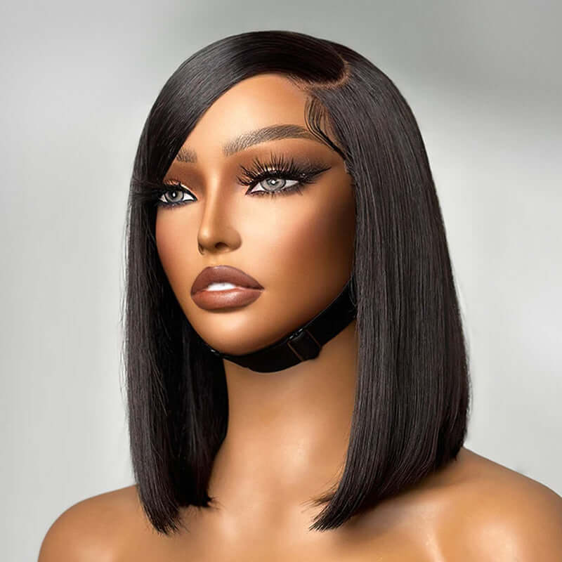 QVR Swoop Bangs Silky Straight Glueless 5x5 Closure  Deep Left C Part Lace Bob Wig