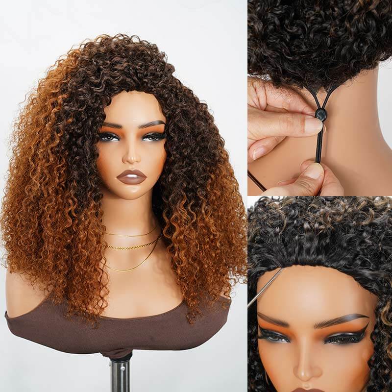 QVR Glueless Ombre Brown Twist Curly Half Wig 250% Density Human Hair Wig #T2/30 Wear Go Flip Over Wig