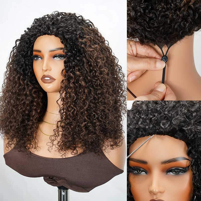 QVR Glueless Dark Brown Twist Curly Half Wig with Black Roots 250% Density Human Hair Wig #T1B/4 Wear Go Flip Over Wig