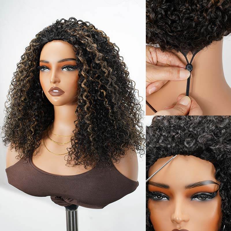QVR Glueless Blonde Highlight Twist Curly Half Wig 250% Density Human Hair Wig #1B/27 Wear Go Flip Over Wig