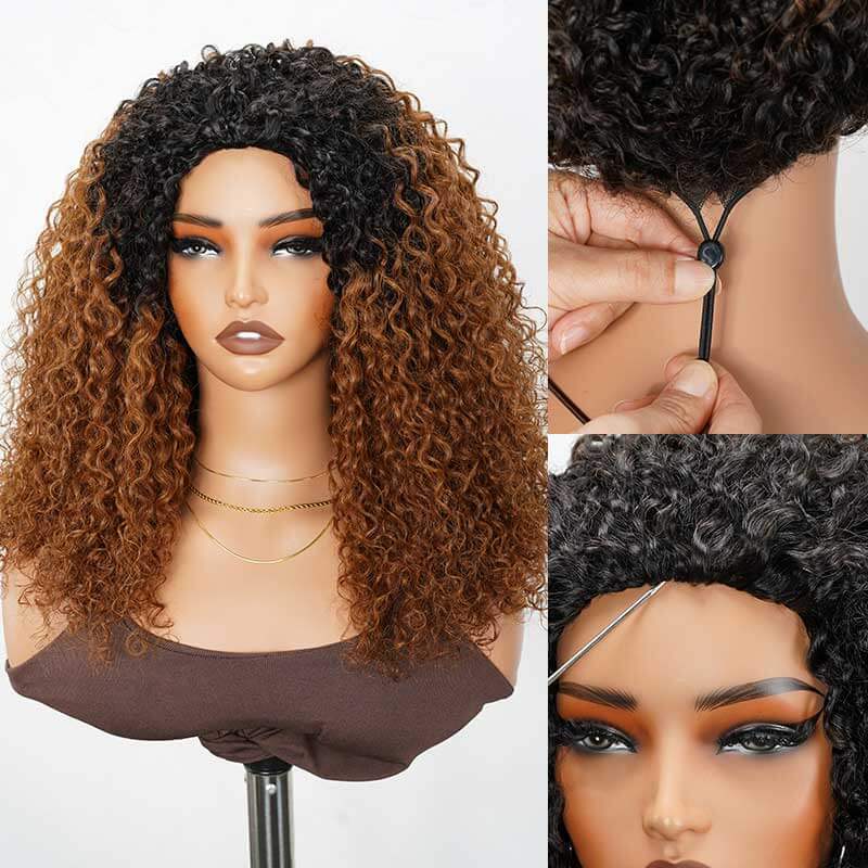 QVR Glueless Ombre Brown Twist Curly Half Wig with Black Roots 250% Density Human Hair Wig #T1B/30 Wear Go Flip Over Wig