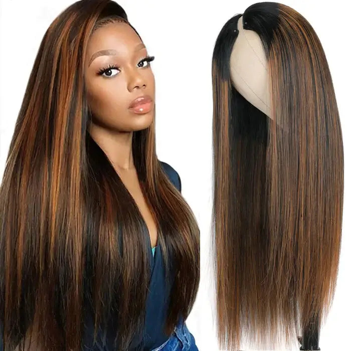 QVR Glueless Straight V Part Wig Balayage Highlights Beginner Friendly Upgrade U Part Wig