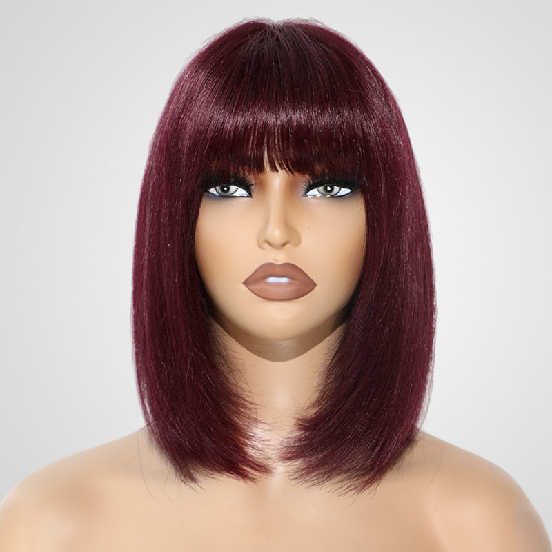 QVR Silk Straight 99J Color Machine Made Bob Wig With Bangs Straight Human Hair Wigs No Lace