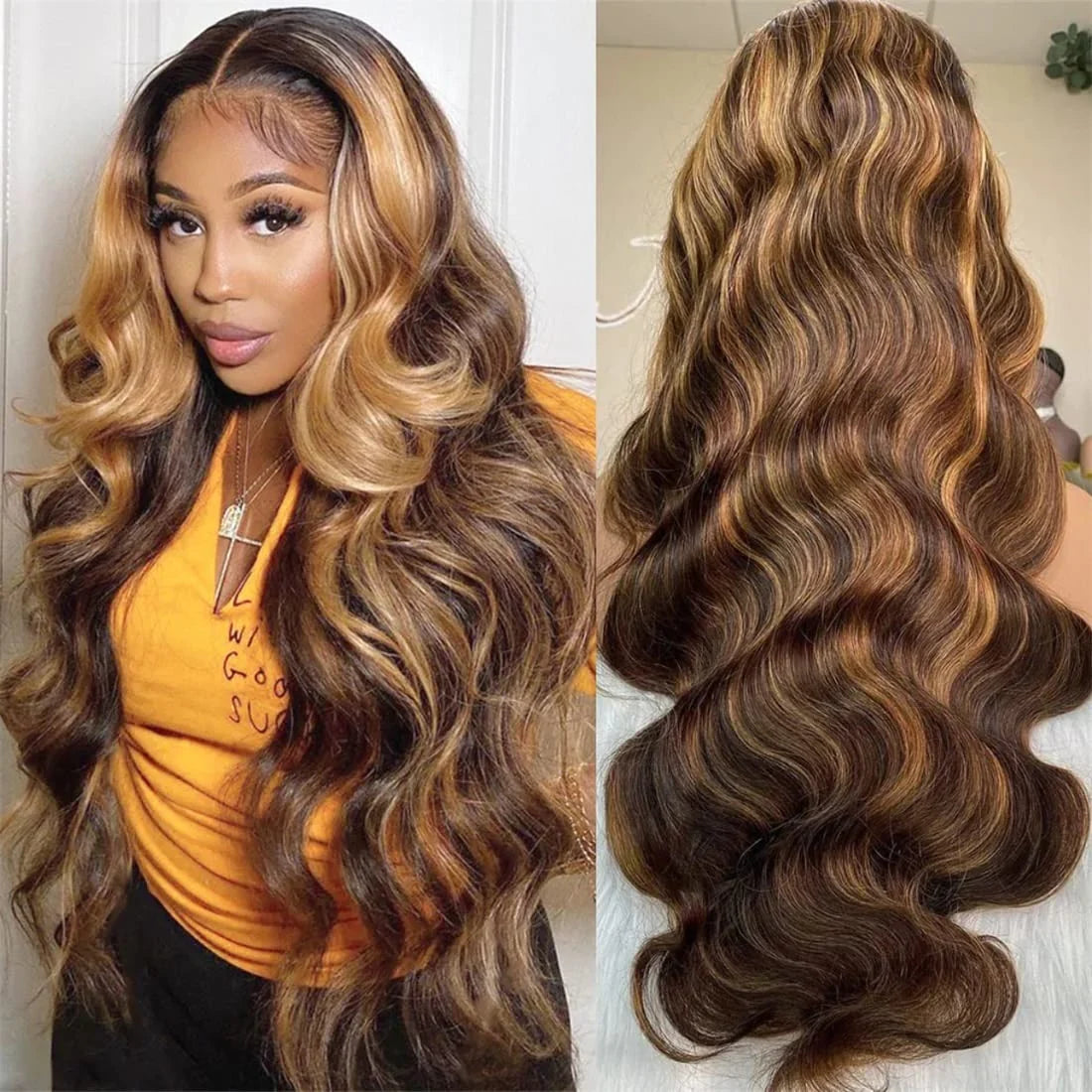 QVR 13x4 Transparent Lace Front Body Wave Wig Honey Blonde Piano Highlights Human Hair Wigs