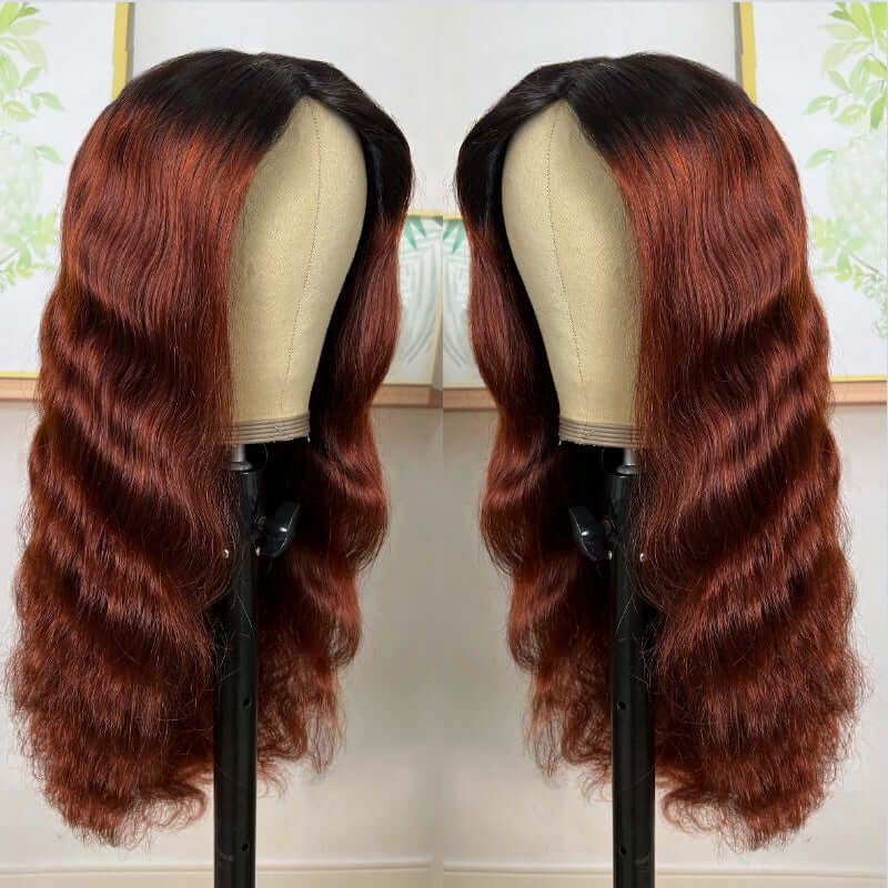 QVR Glueless Ombre Reddish Brown Color Glueless V Part Body Wave Wigs 1B/33 Human Hair Wigs WIth Dark Roots