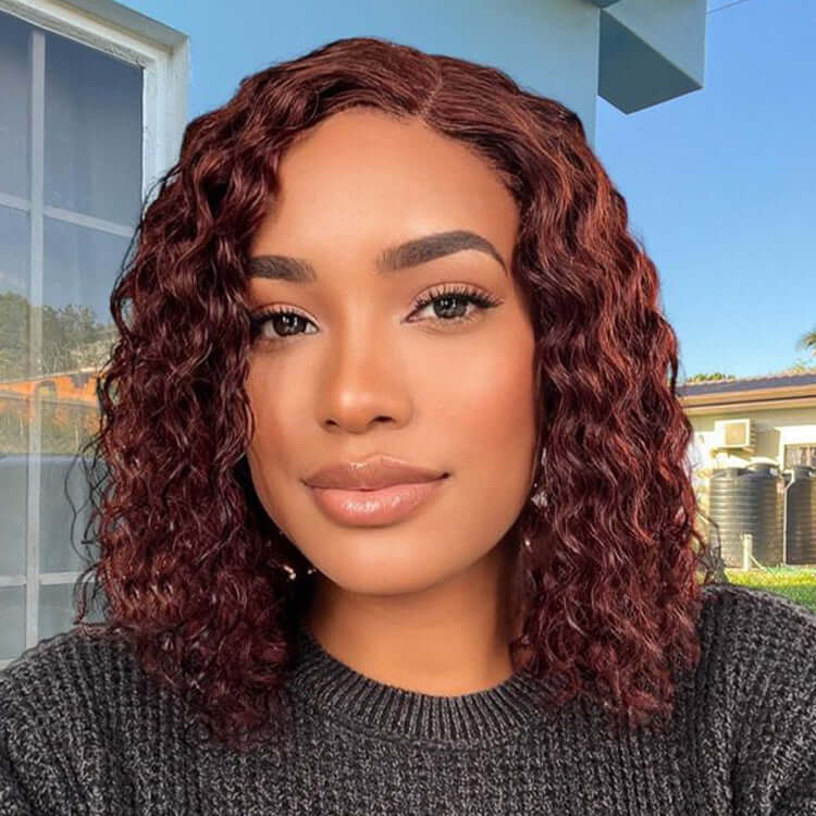 QVR Reddish Brown Water Wave C Lace Glueless Left Part Short Bob Wigs