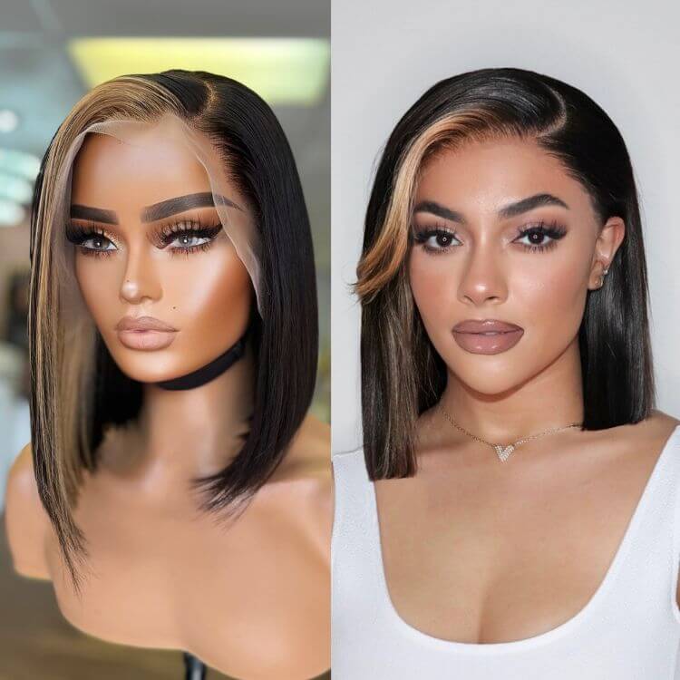 QVR Skunk Stripe Blonde Highlight Short Bob Wig Sliced Cut Straight Human Hair