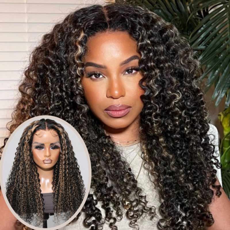 QVR Glueless Pre-cut Balayage 13x4 Lace Frontal Curly Edge Kinky Curly Wigs Black and blonde Highlights Human Hair Wigs