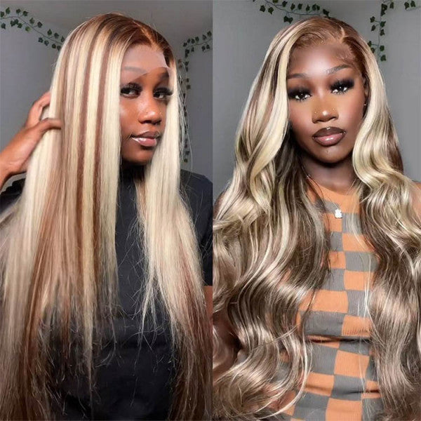 QVR Glueless Highlights Brown With Blonde Pre-cut 4x6 Lace Straight&Body Wave #P5/613 Wigs