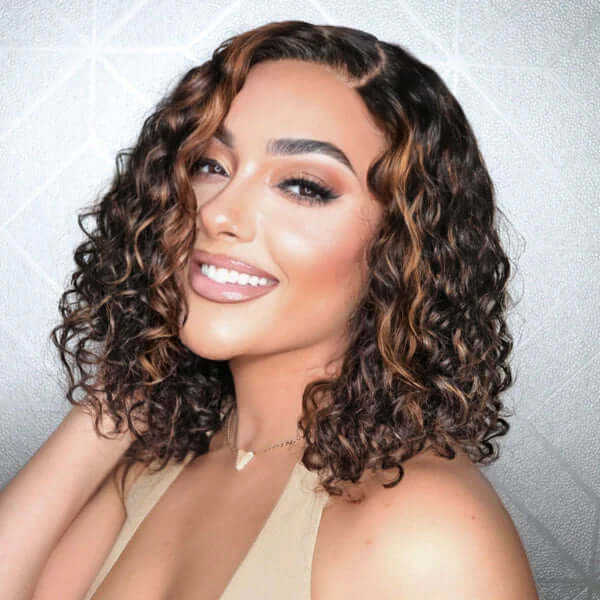 QVR Brown Highlights Water Wave C Lace Glueless Left Part Short Bob Wigs
