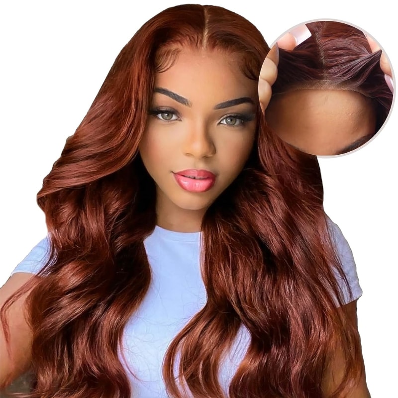 QVR Pre-cut 4x6 HD Lace Closure Human Hair Wig Straight/Body Wave #33 Colored Reddish Brown Wig