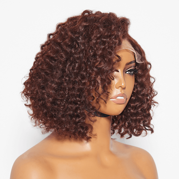 QVR Reddish Brown Water Wave C Lace Glueless Left Part Short Bob Wigs