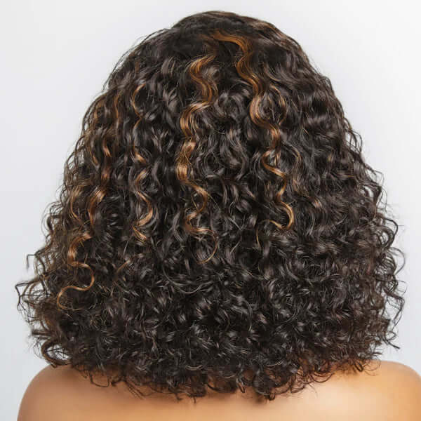 QVR Brown Highlights Water Wave C Lace Glueless Left Part Short Bob Wigs