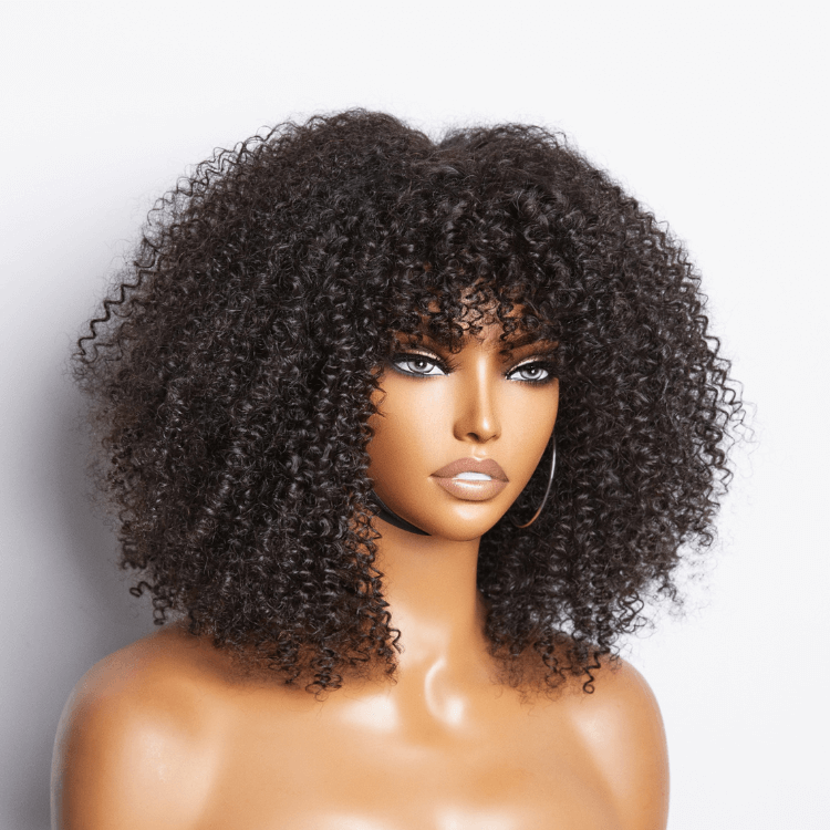 QVR Bouncy Curly Minimum Lace Short Bob Wigs Human Hair With Bangs