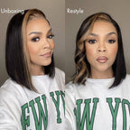 QVR Skunk Stripe Blonde Highlight Short Bob Wig Sliced Cut Straight Human Hair