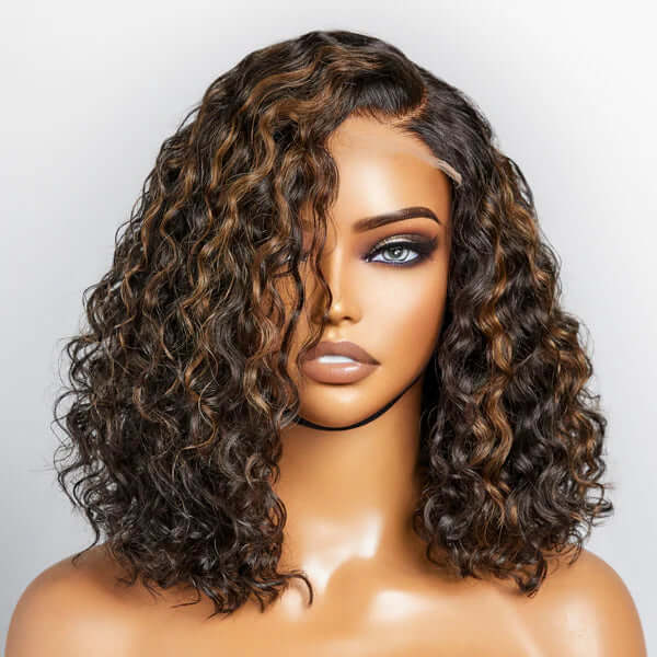 QVR Brown Highlights Water Wave C Lace Glueless Left Part Short Bob Wigs