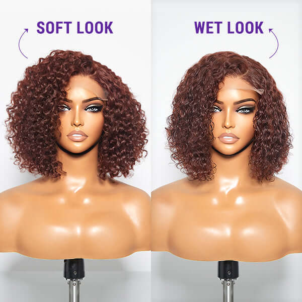 QVR Reddish Brown Water Wave C Lace Glueless Left Part Short Bob Wigs