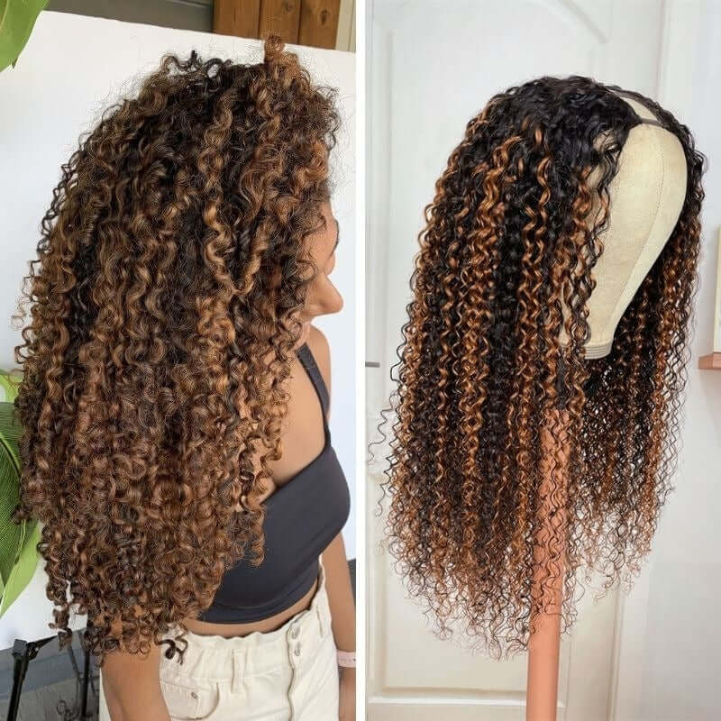 QVR Glueless Curly V Part Wig Balayage Highlights Beginner Friendly Upgrade U Part Wig