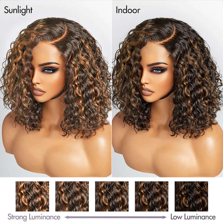 QVR Brown Highlights Water Wave C Lace Glueless Left Part Short Bob Wigs