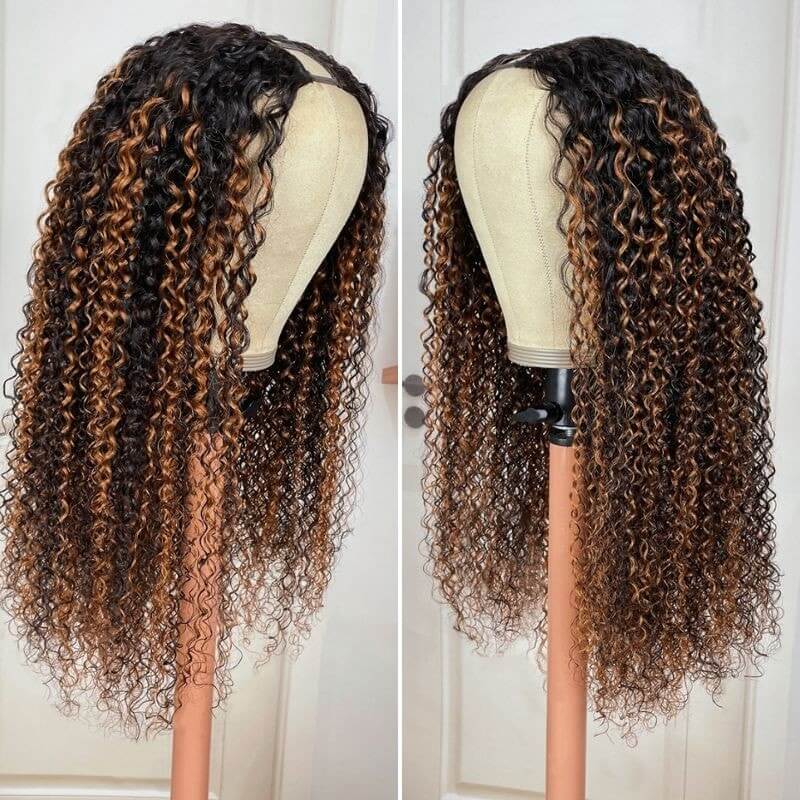 QVR Glueless Curly V Part Wig Balayage Highlights Beginner Friendly Upgrade U Part Wig
