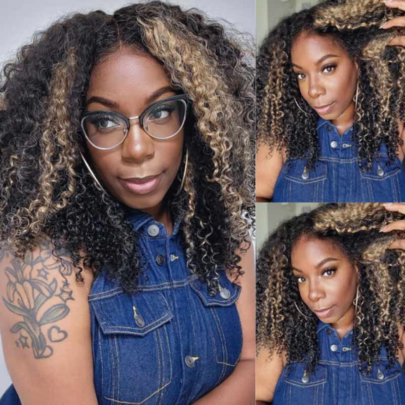QVR Glueless Pre-cut Balayage 13x4 Lace Frontal Curly Edge Kinky Curly Wigs Black and blonde Highlights Human Hair Wigs