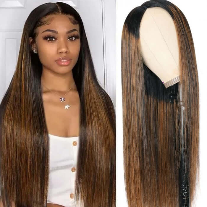 QVR Glueless Straight V Part Wig Balayage Highlights Beginner Friendly Upgrade U Part Wig