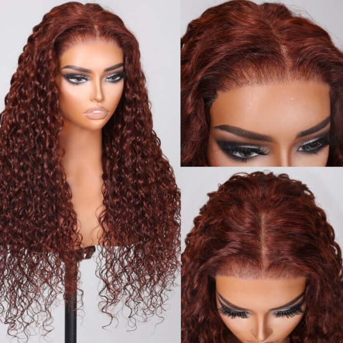 QVR Glueless Reddish Brown 4x6 Pre-cut Lace Closure Water Wave Wigs Wear Go Human Hair Wigs