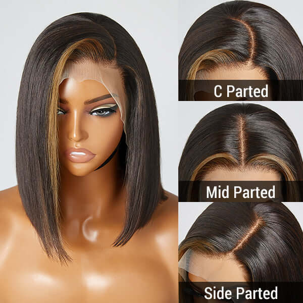 QVR Skunk Stripe Blonde Highlight Short Bob Wig Sliced Cut Straight Human Hair