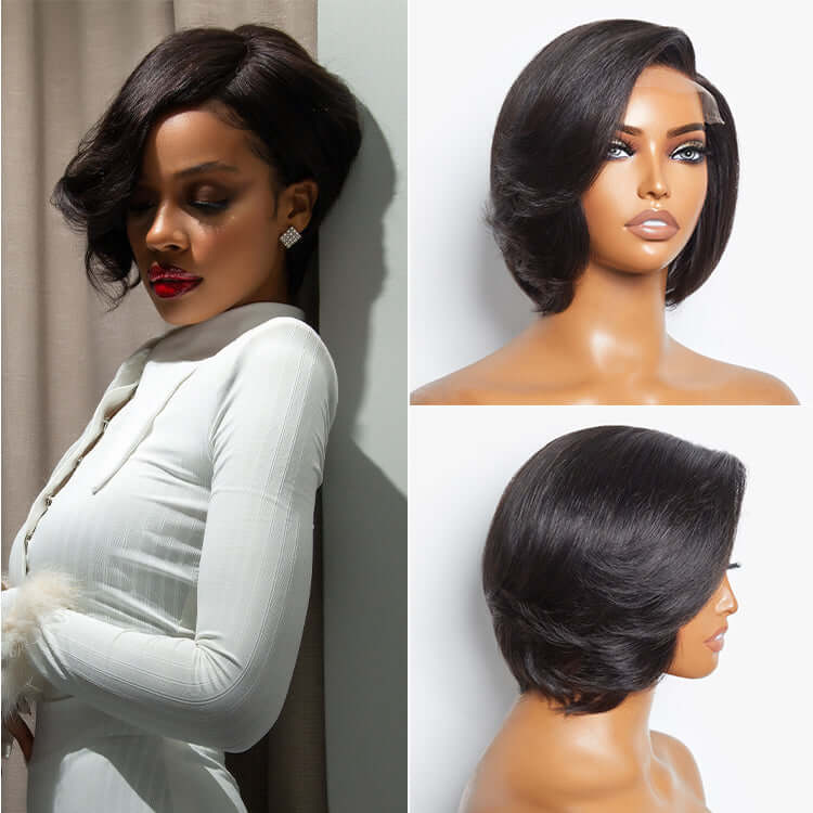 QVR Mature Boss Style Glueless Wide C Lace Bob Wig With Swept Bangs