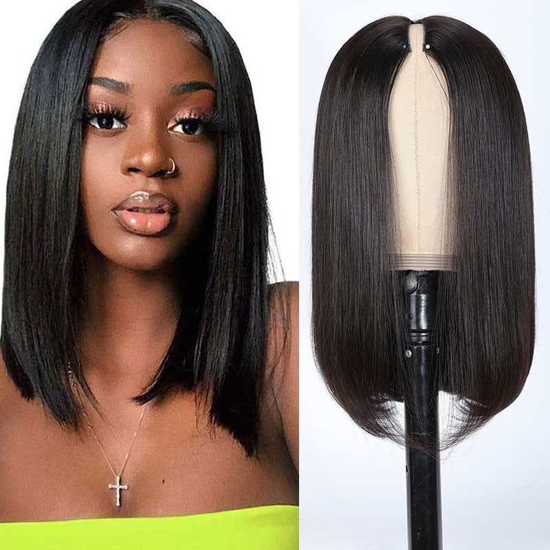 QVR Straight V Part Short Bob Human Hair Wig Realistic Hairline and Soft High-quality Hair