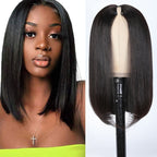 QVR Straight V Part Short Bob Human Hair Wig Realistic Hairline and Soft High-quality Hair