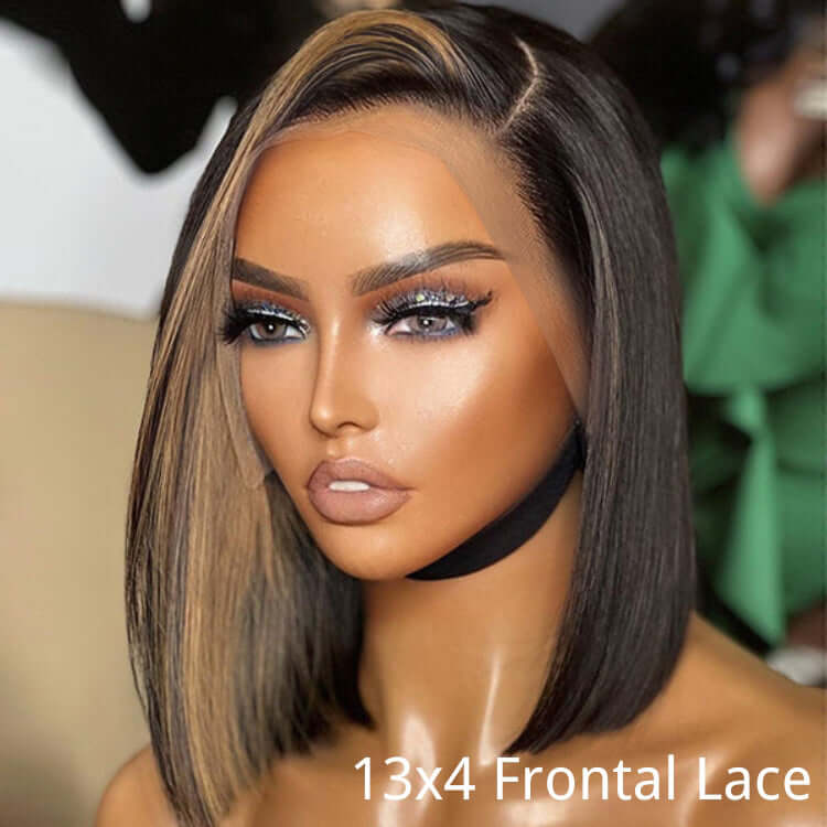 QVR Skunk Stripe Blonde Highlight Short Bob Wig Sliced Cut Straight Human Hair