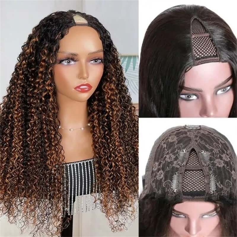 QVR Glueless Curly V Part Wig Balayage Highlights Beginner Friendly Upgrade U Part Wig