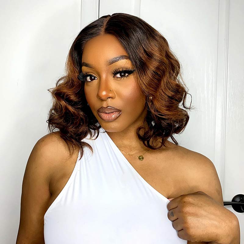 QVR Loose Wave 13x4x1 T part Lace Ombre Brown Human Hair Wigs Glueless Short Bob Wig