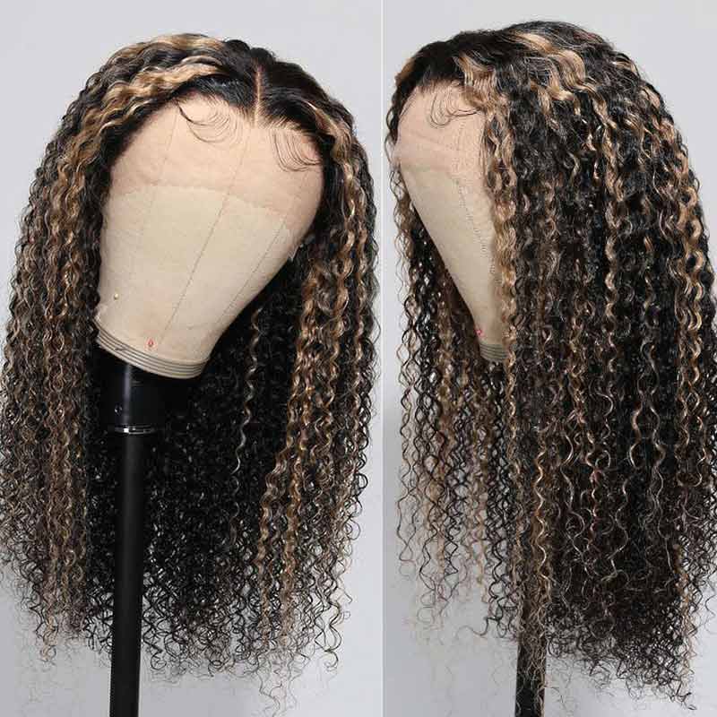 QVR Glueless Pre-cut Balayage 13x4 Lace Frontal Curly Edge Kinky Curly Wigs Black and blonde Highlights Human Hair Wigs
