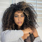 QVR Glueless Pre-cut Balayage 13x4 Lace Frontal Curly Edge Kinky Curly Wigs Black and blonde Highlights Human Hair Wigs