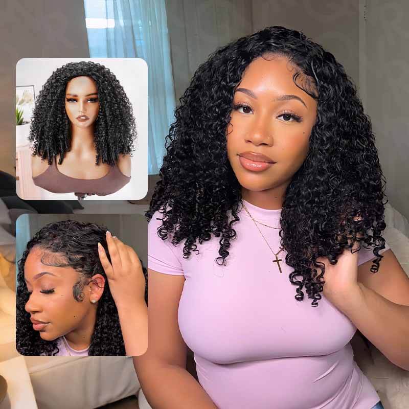 QVR Glueless Burmese Curly Half Wig 250% Density Human Hair Wig Wear Go Flip Over Wig