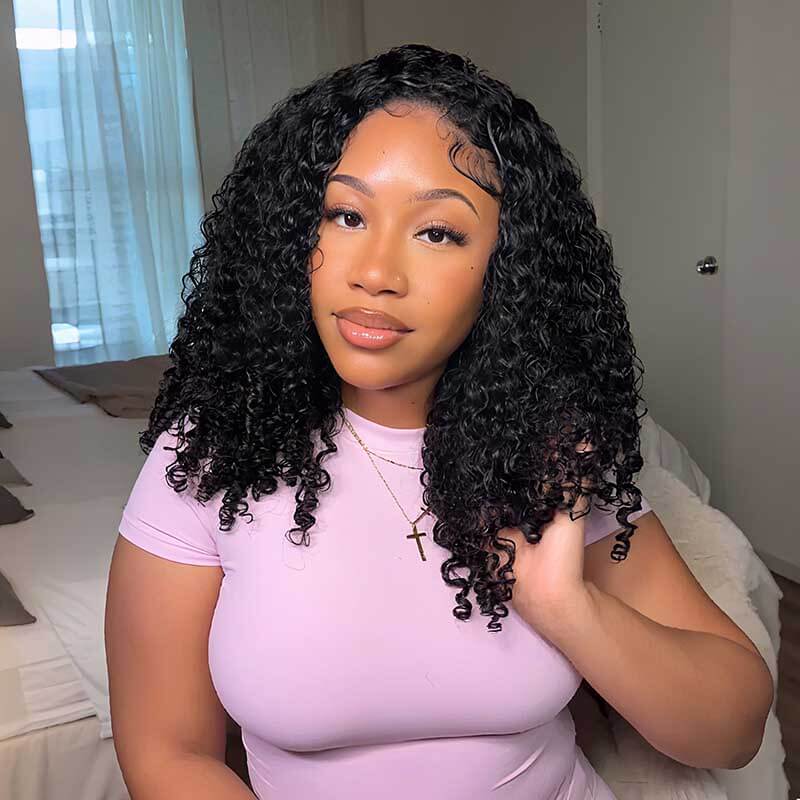QVR Glueless Kinky Straight Half Wig With Spiral Curl 250% Density Human Hair Wig Natural Black Wear Go Flip Over Wig