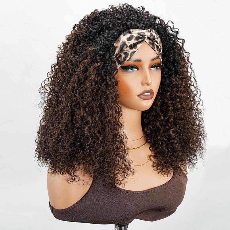 QVR Glueless Dark Brown Twist Curly Half Wig with Black Roots 250% Density Human Hair Wig #T1B/4 Wear Go Flip Over Wig