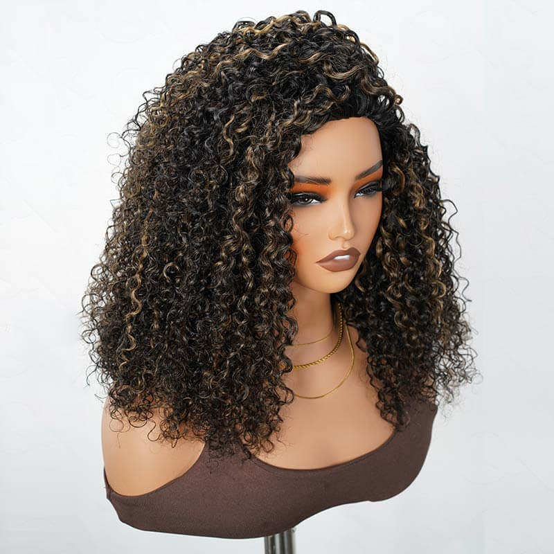 QVR Glueless Blonde Highlight Twist Curly Half Wig 250% Density Human Hair Wig #1B/27 Wear Go Flip Over Wig