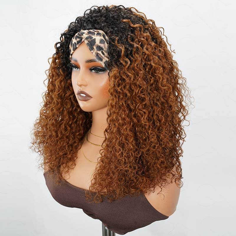QVR Glueless Ombre Brown Twist Curly Half Wig with Black Roots 250% Density Human Hair Wig #T1B/30 Wear Go Flip Over Wig