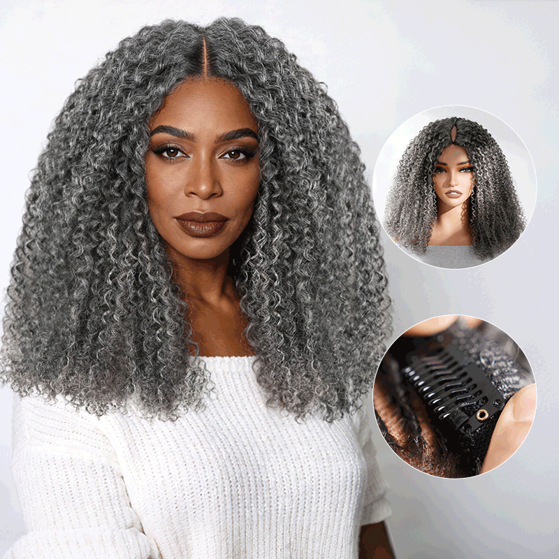 QVR Salt Pepper Kinky Curly V Part Wigs No Leave Out Invisible Lace Edge Human Hair Wig