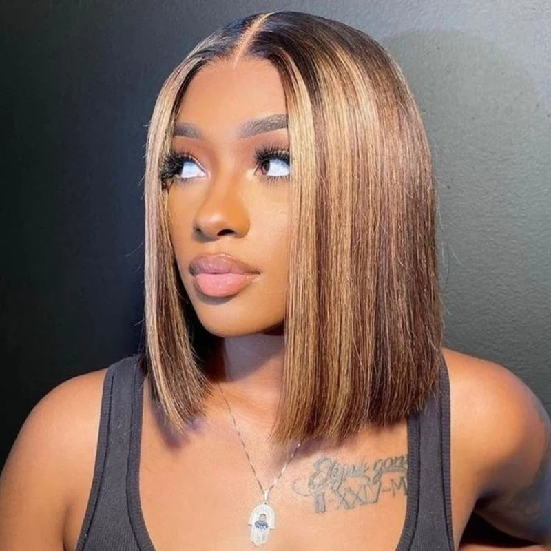 QVR Piano Highlights Color 13x4 4x4 Lace Closure Short Bob Wigs Honey Blonde Straight Human Hair Wig
