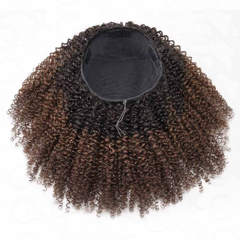 QVR Glueless Dark Brown Kinky Curly Half Wig with Black Roots 250% Density Human Hair Wig #T1B/4 Wear Go Flip Over Wig